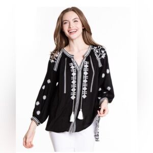 JOHN MARK Embroidered Tassel Tie Neck 3/4 Sleeve Printed Back Hi-Low Tunic